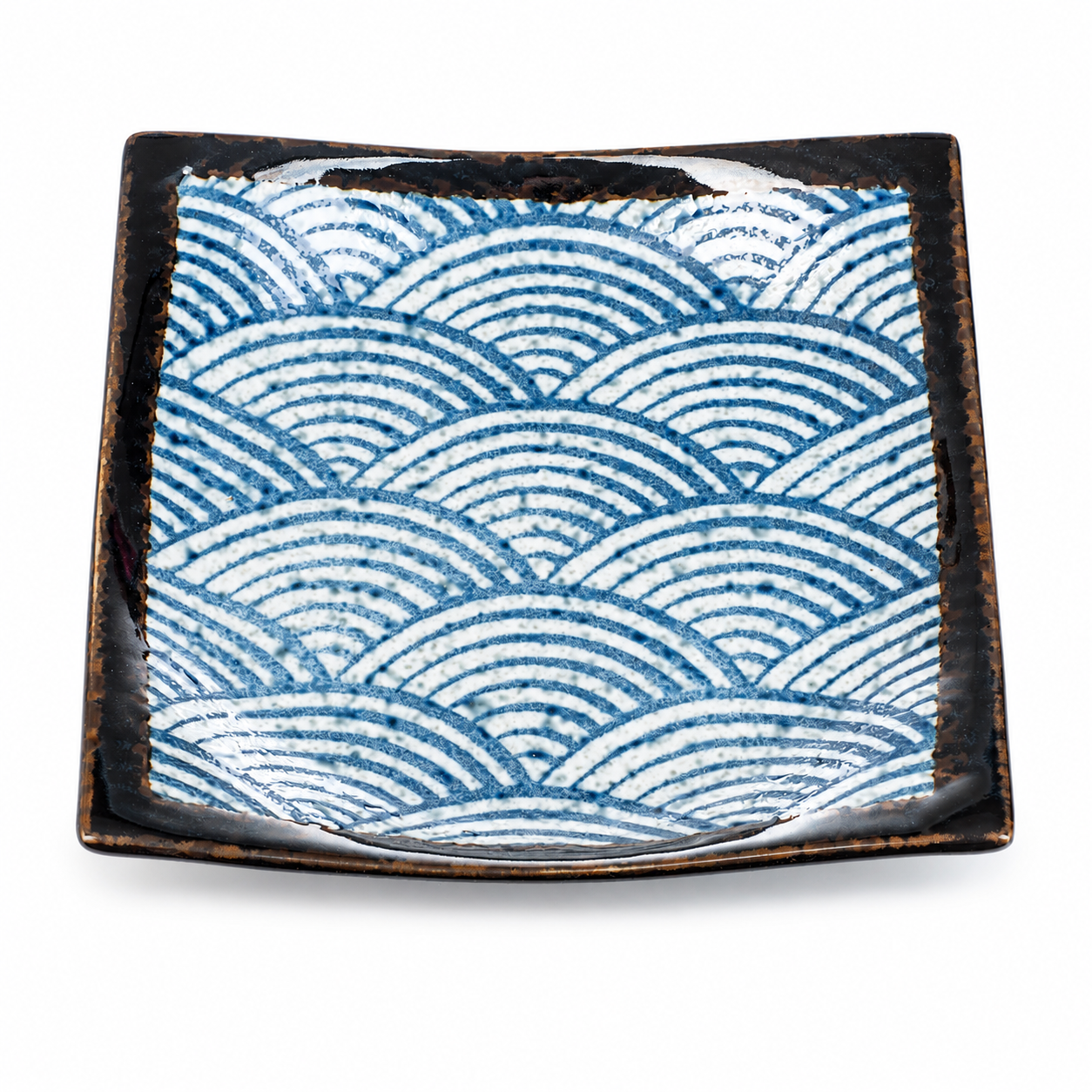 Seikaiha Traditional Japanese Sushi Plate top view with indigo blue overlapping wave pattern and dark brown edging, made in Japan