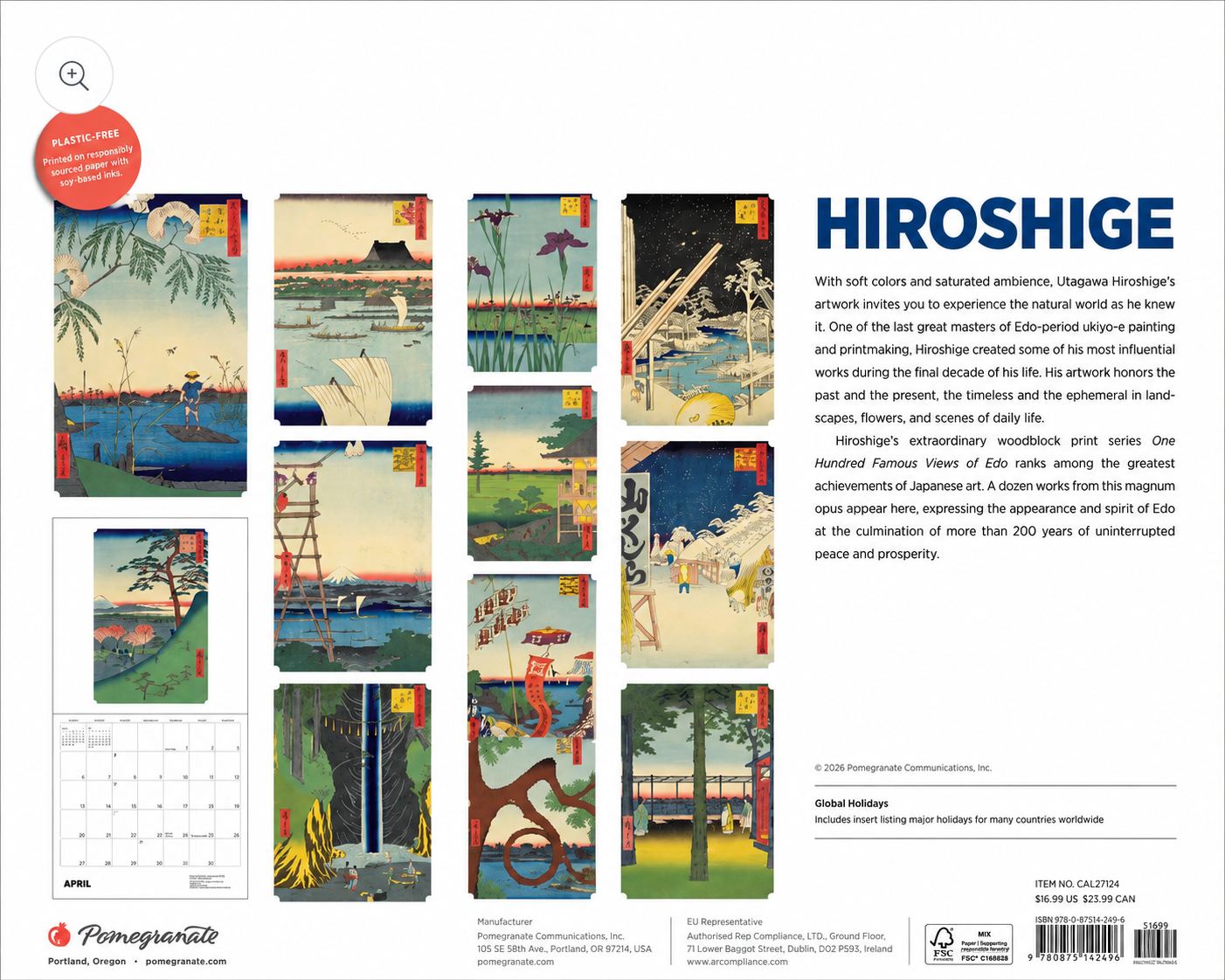 Hiroshige 2027 Japanese Wall Calendar back cover showing 12 monthly ukiyo-e artworks – plastic-free, soy-based inks | Made in Japan