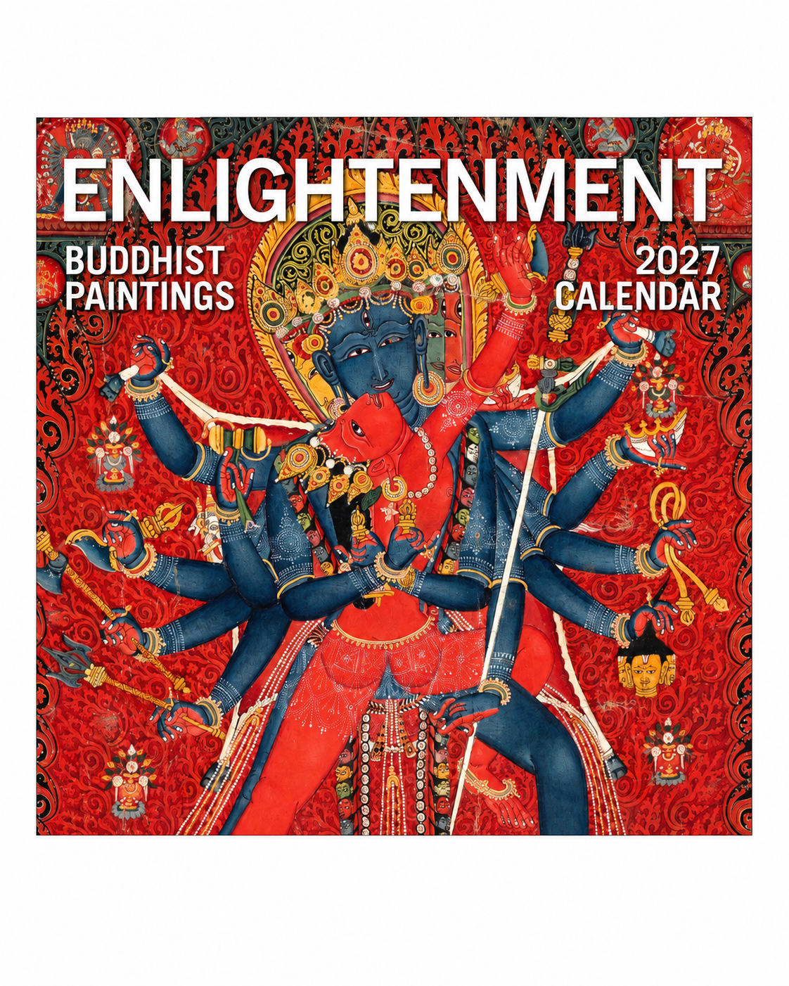 Enlightenment Buddhist Paintings 2027 Japanese Calendar cover featuring multi-armed deity in red and blue