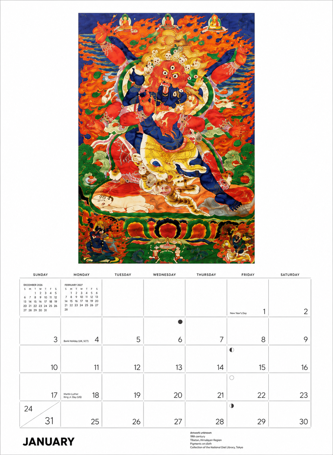 January 2027 Buddhist calendar page with Tibetan thangka painting of wrathful deity surrounded by flames