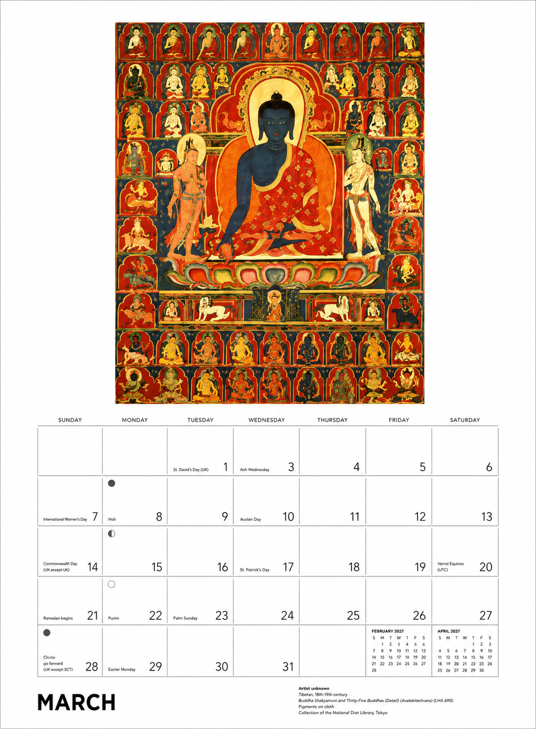 March 2027 Buddhist calendar page featuring Buddha Shakyamuni and Thirty-Five Buddhas Tibetan painting on cloth
