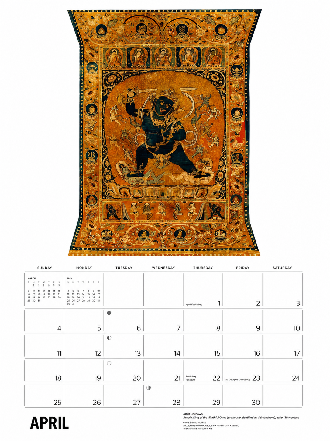 April 2027 Buddhist calendar page with Achala King of the Wrathful Ones silk tapestry from 13th century China