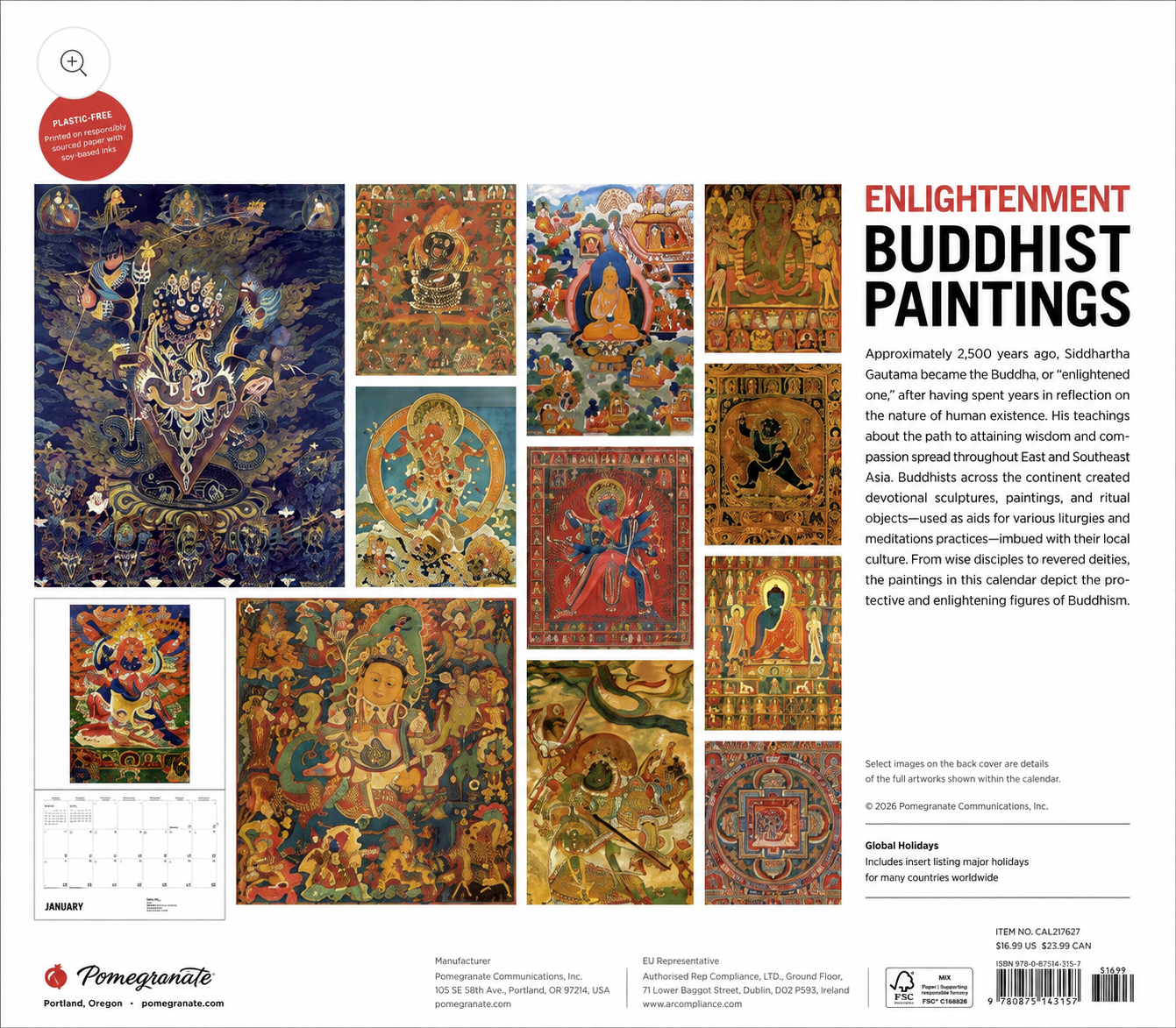 Back cover of Enlightenment Buddhist Paintings 2027 Calendar showing twelve months of Buddhist thangka artwork