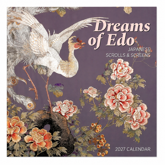 Dreams of Edo Japanese Scrolls and Screens 2027 Wall Calendar cover featuring crane and peony artwork