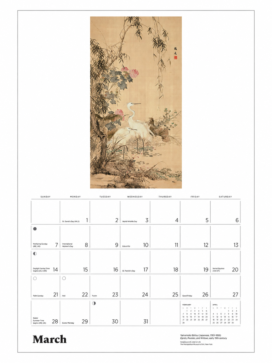 Dreams of Edo 2027 Calendar March page showing Yamamoto Baiitsu hanging scroll with egrets peonies and willows