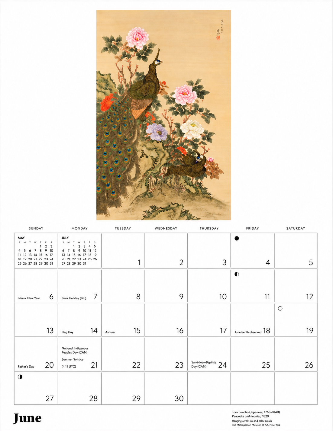 Dreams of Edo 2027 Calendar June page featuring Tori Buncho peacocks and peonies hanging scroll ink on silk