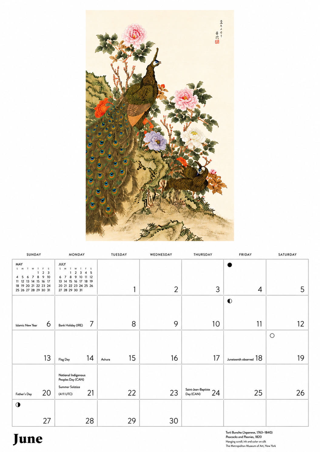 Tori Buncho Peacocks and Peonies 1820 Japanese hanging scroll ink and colour on silk Dreams of Edo Calendar