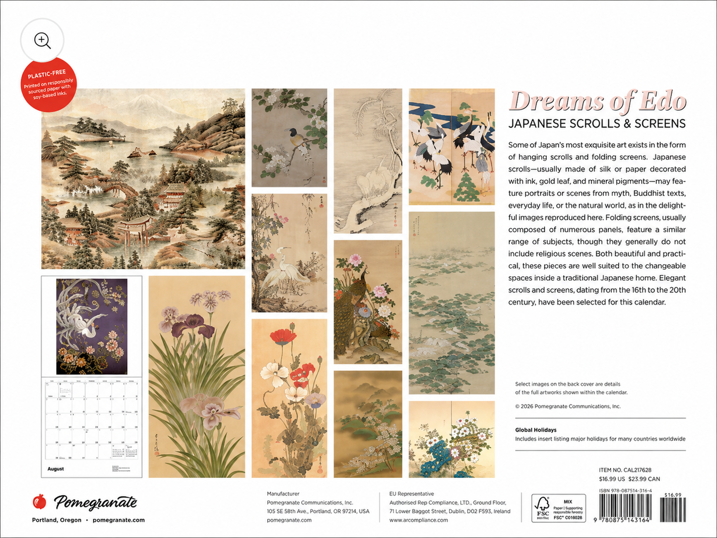 Dreams of Edo Japanese Scrolls and Screens 2027 Calendar back cover showing twelve artworks plastic-free FSC certified