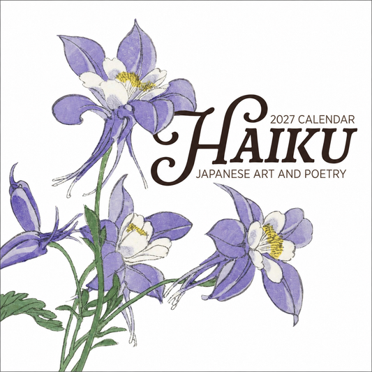 Haiku Japanese Art and Poetry 2027 Calendar cover featuring purple columbine flowers in watercolour woodblock style