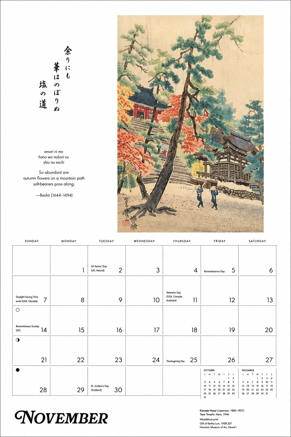 November 2027 calendar page with Kawase Hasui woodblock print Yase Temple Nara 1946 and haiku by Bashō in Japanese calligraphy and English