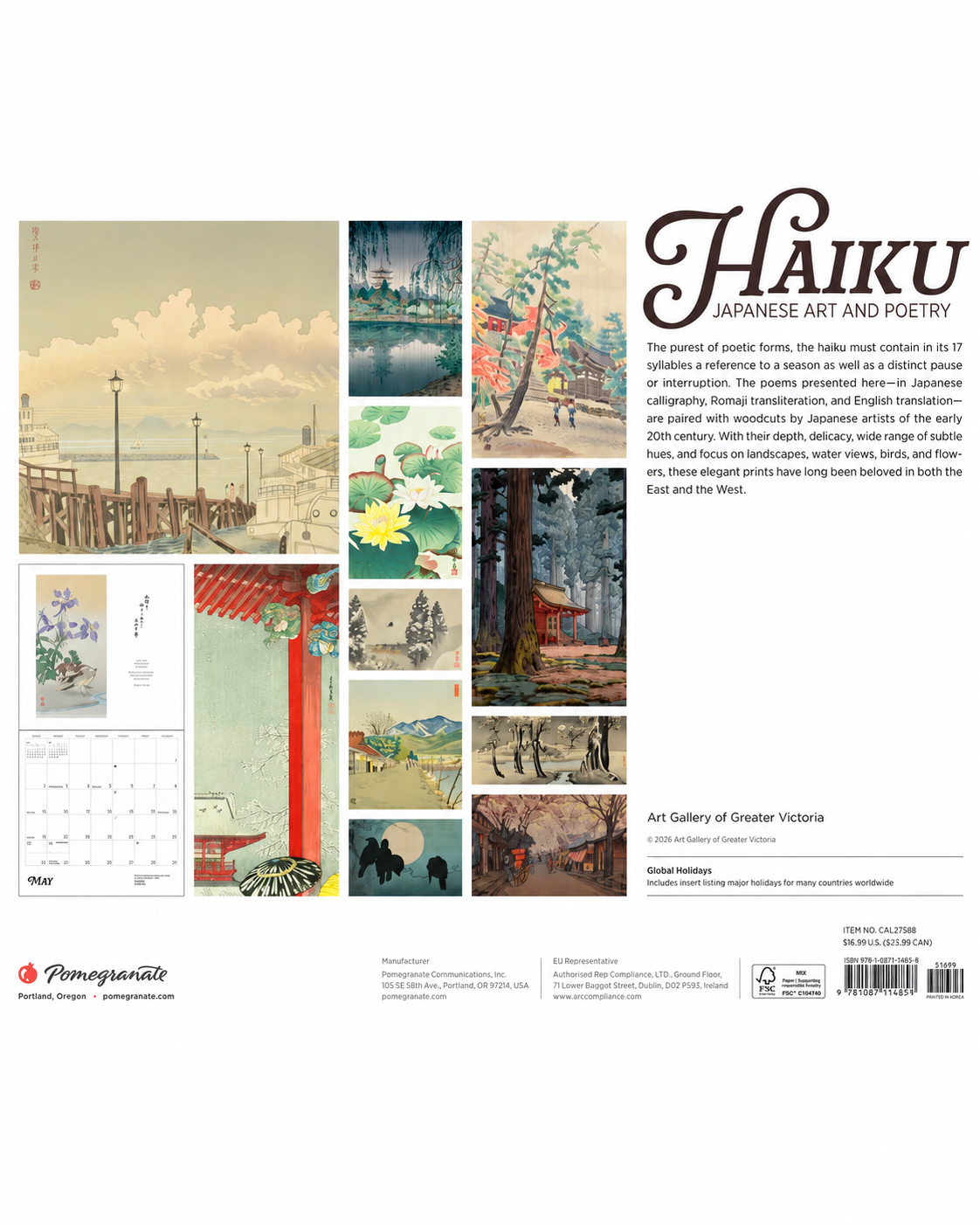 Back cover of Haiku Japanese Art and Poetry 2027 Calendar by Pomegranate showing woodblock print collection from Art Gallery of Greater Victoria