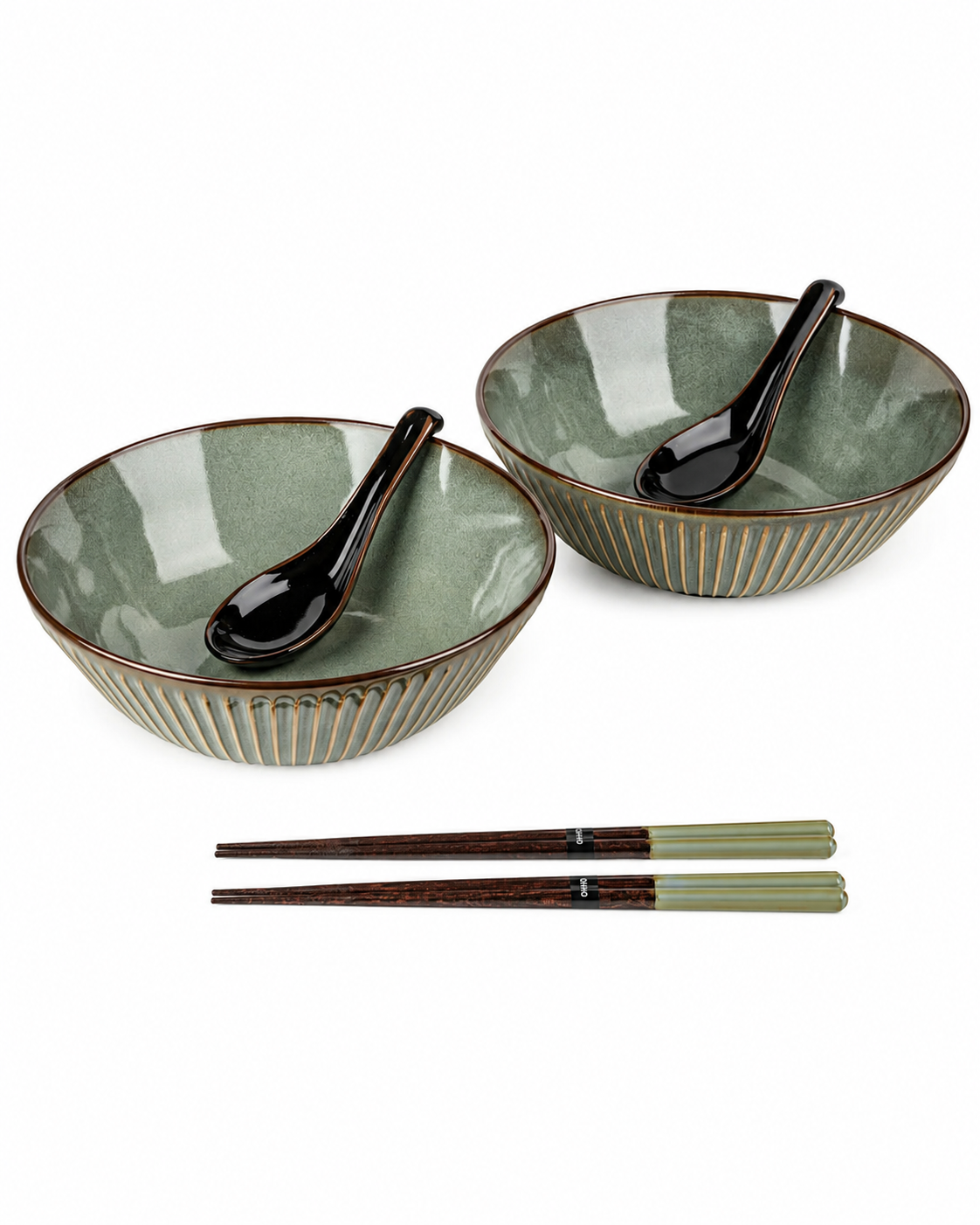 Olive Green Sendan Japanese Ramen Bowl Gift Set with black ceramic spoons and wooden chopsticks, made in Japan