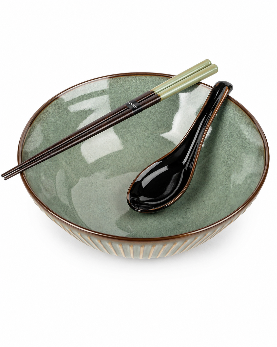 Olive Green Sendan Japanese Ramen Bowl with black ceramic spoon and wooden chopsticks, made in Japan