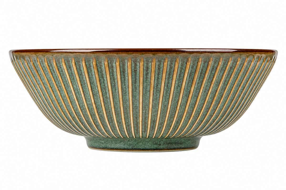 Olive Green Sendan Japanese Ramen Bowl with black ceramic spoon and wooden chopsticks, made in Japan
