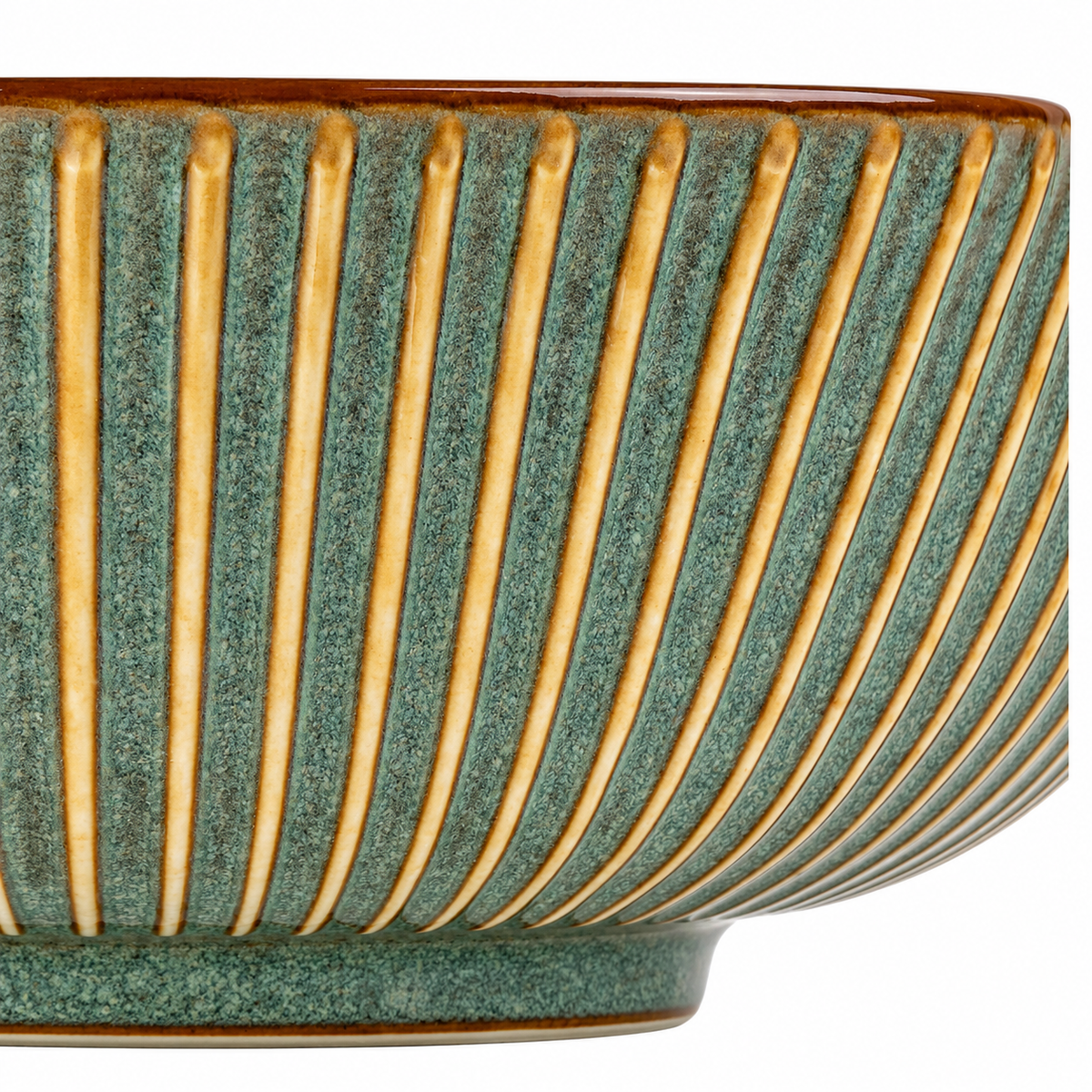 Close up of Olive Green Sendan Japanese Ramen Bowl showing kiln-variation glaze and ribbed texture, made in Japan