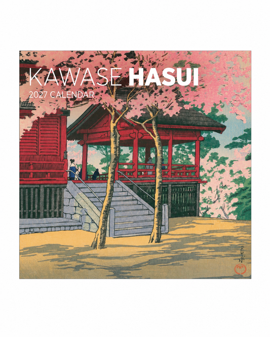Kawase Hasui 2027 Japanese Wall Calendar cover featuring cherry blossom and traditional temple woodblock print