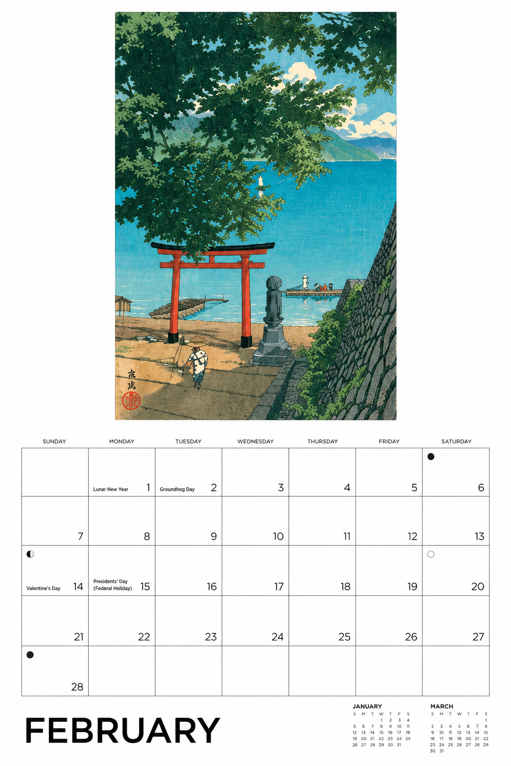 Kawase Hasui woodblock print of torii gate by the sea — February page of 2027 Japanese wall calendar