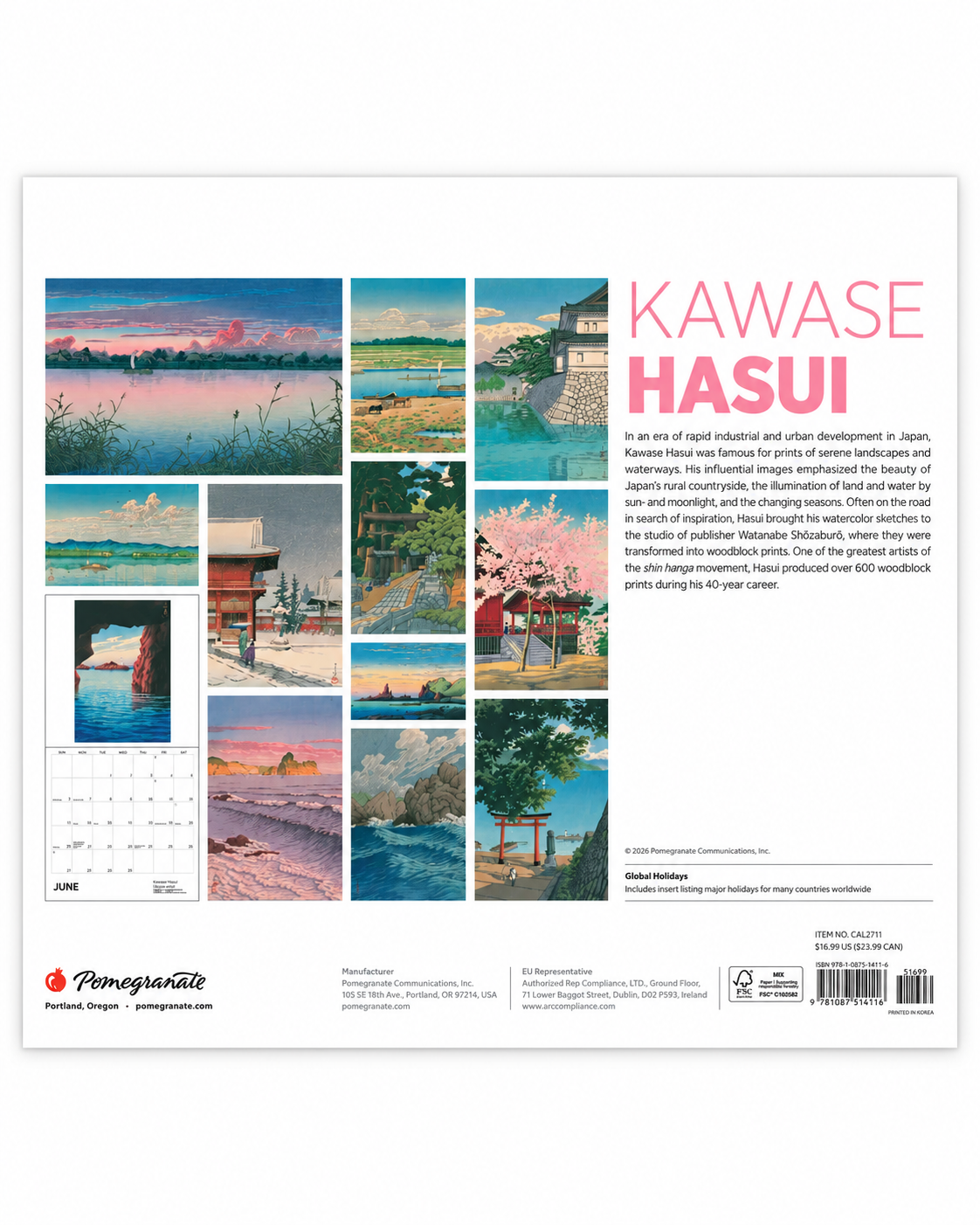 Kawase Hasui 2027 Japanese Wall Calendar back cover showing collection of shin-hanga woodblock prints by Pomegranate