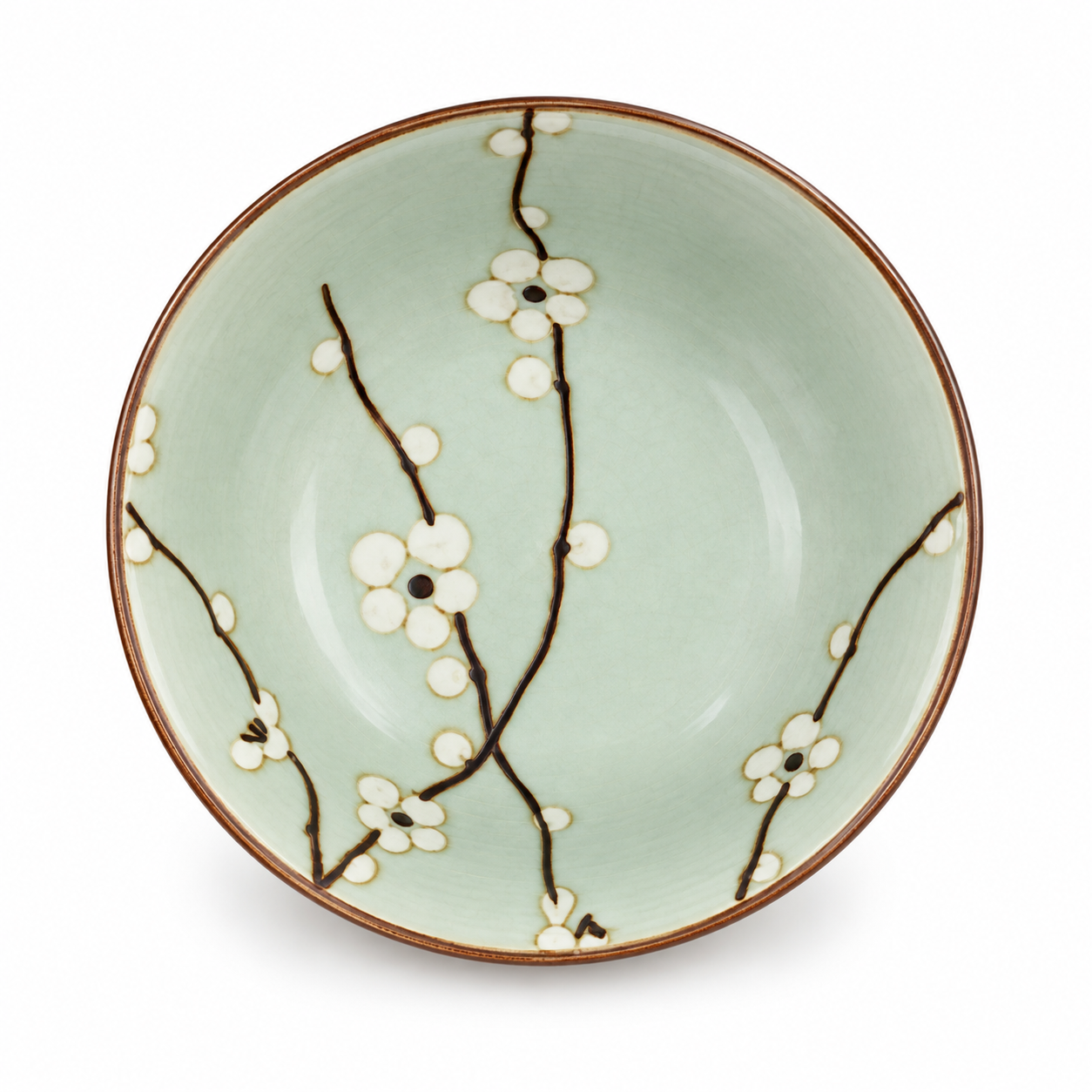 Green Soshun Japanese Tayou Ceramic Bowl top view showing white plum blossom pattern on celadon green glaze, Made in Japan