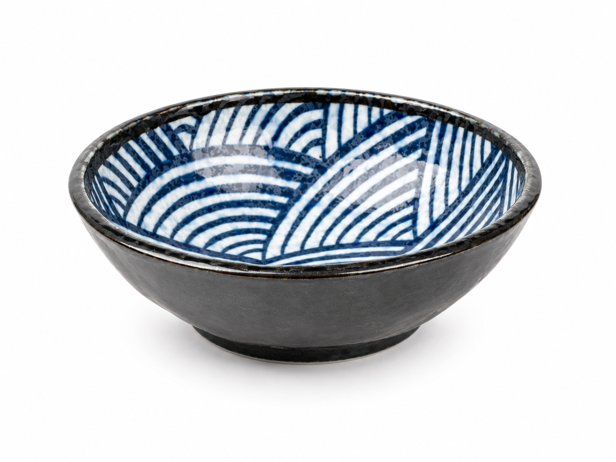 Seikaiha Small Japanese Dipping Bowl – blue and white wave pattern inside, charcoal black exterior, made in Japan