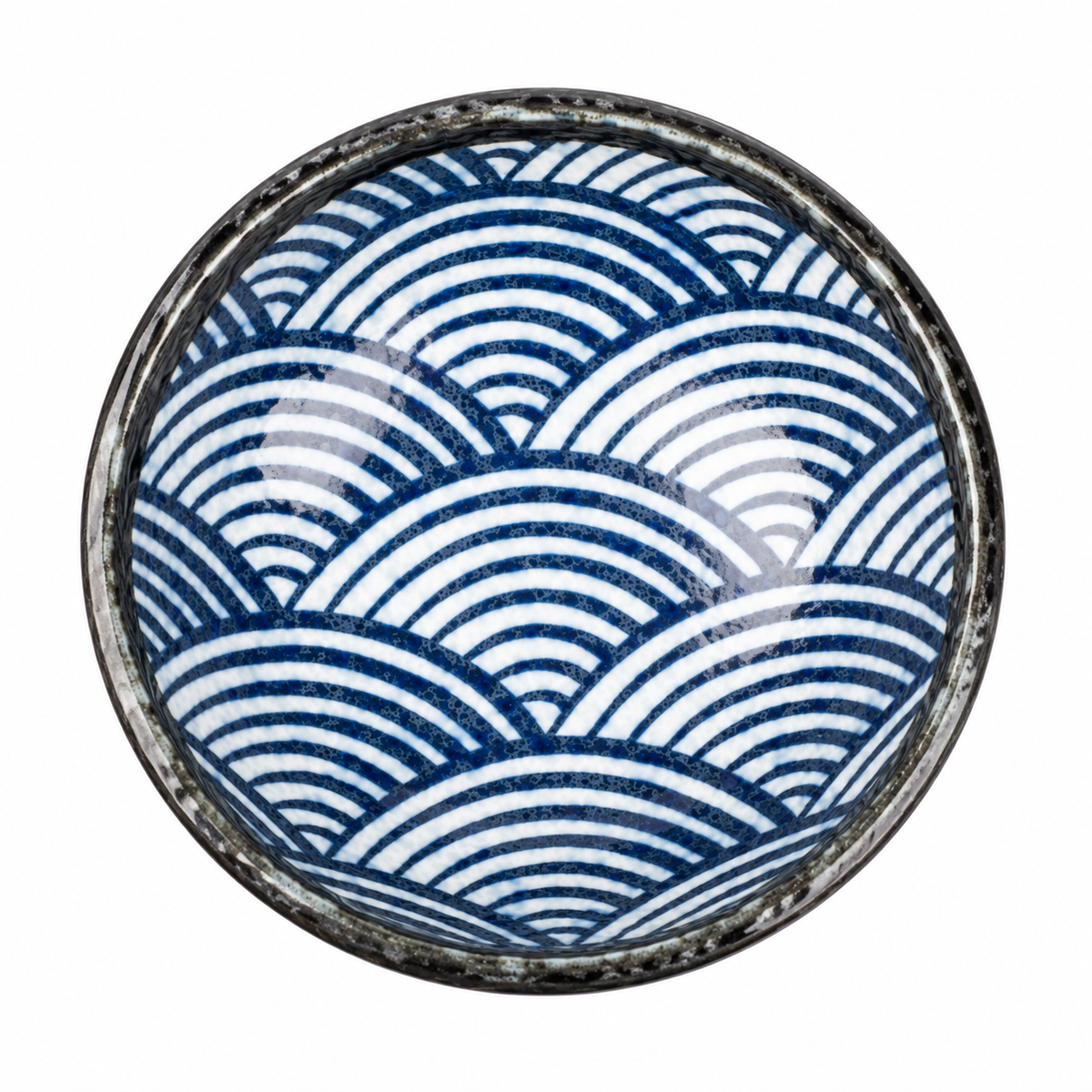 Seikaiha Small Japanese Dipping Bowl from above – blue and white Seikaiha wave pattern, charcoal rim, made in Japan