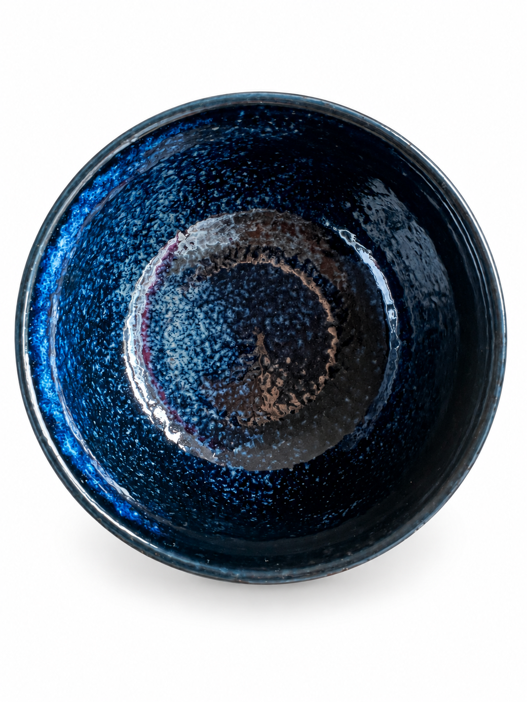 Izayoi Japanese Matcha Bowl from above – deep navy blue glaze with cosmic speckled interior, made in Japan