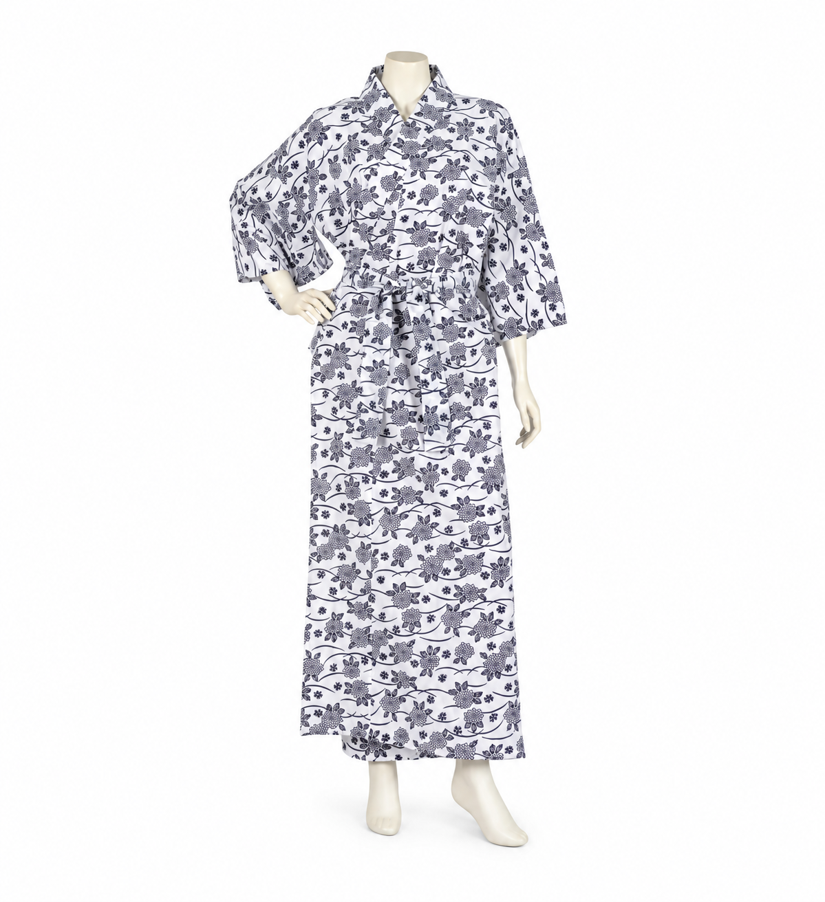 Front view of the Floral Cotton Japanese Nemaki Kimono on a mannequin, with navy floral print and matching waist belt