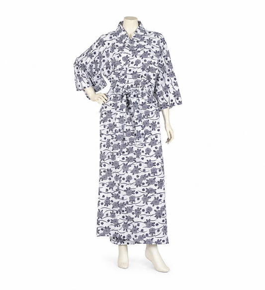 Front view of the Floral Cotton Japanese Nemaki Kimono on a mannequin, with navy floral print and matching waist belt
