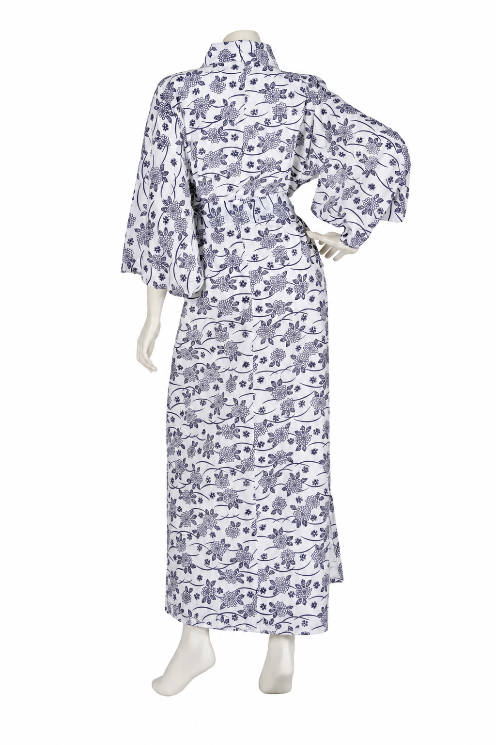 Back view of the Floral Cotton Japanese Nemaki Kimono on a mannequin, showing the navy floral pattern