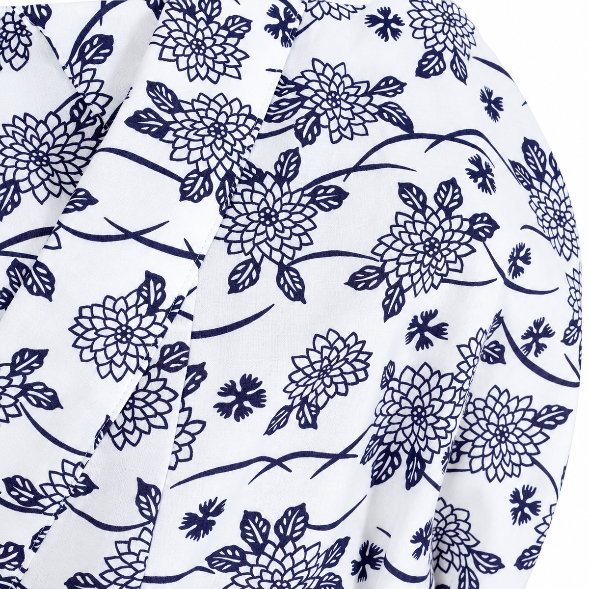 Close-up of the navy floral print on the white cotton Japanese nemaki kimono