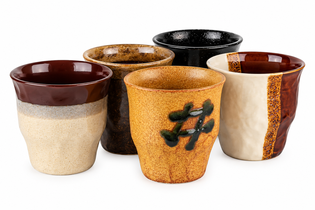 Front view of the five differently coloured ceramic cups in the Cosy Japanese Cup Gift Set.