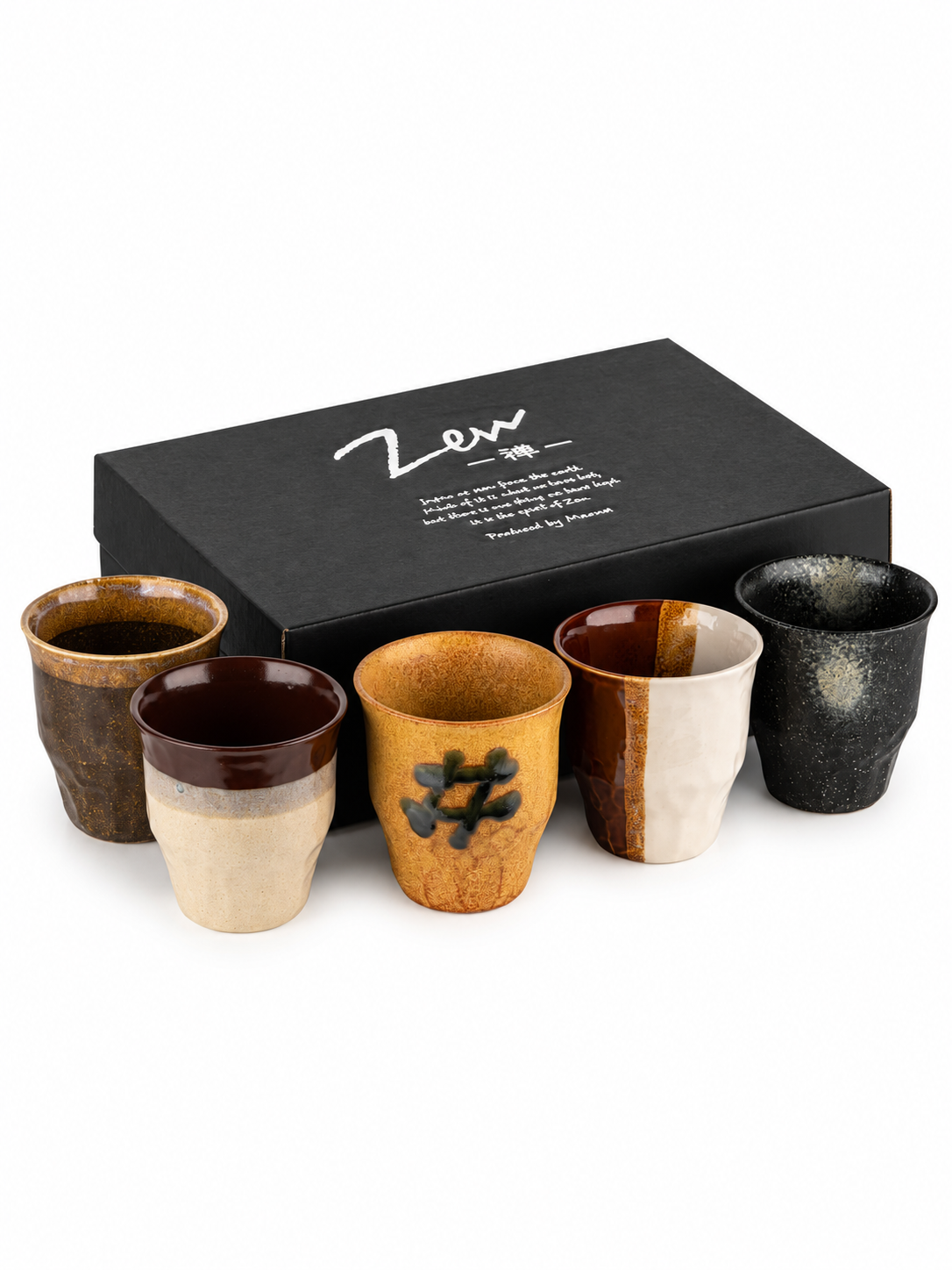Five ceramic cups displayed in front of the set’s black gift box.