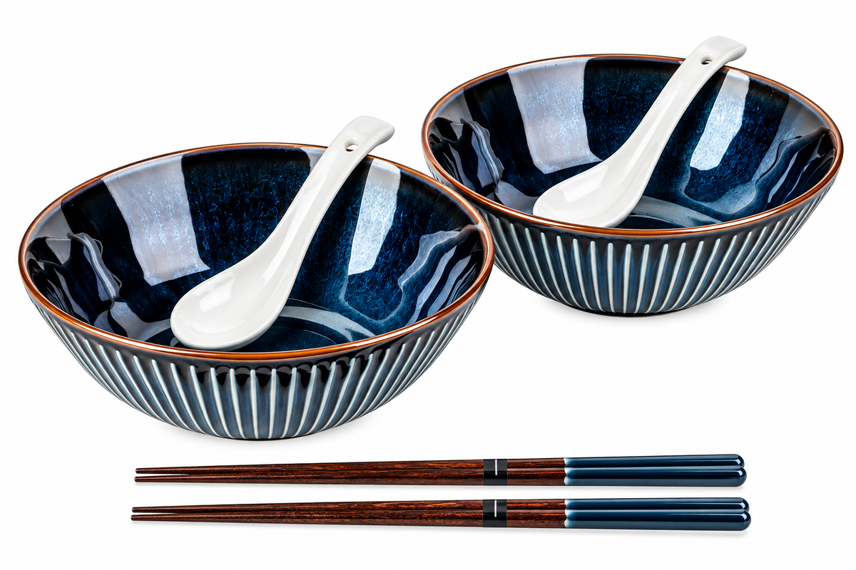 Navy Sendan ramen bowl gift set for two, made in Japan, with two striped bowls, white soup spoons and wooden chopsticks.