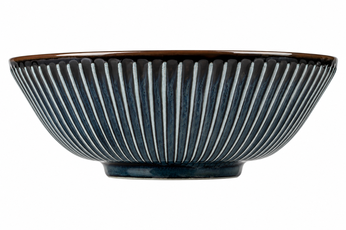 Side view of a Navy Sendan ramen bowl, made in Japan, showing navy and white textured stripes and a brown rim.