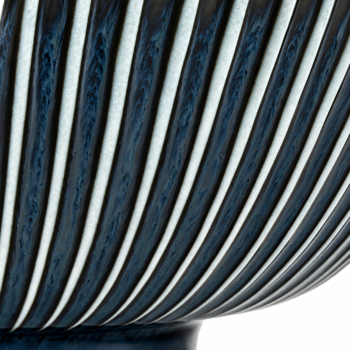 Close-up of the navy glaze and white textured stripes on a Navy Sendan ramen bowl, made in Japan.