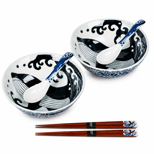 Whale Indigo Blue Japanese noodle bowl set made in Japan with whale wave design and wooden chopsticks