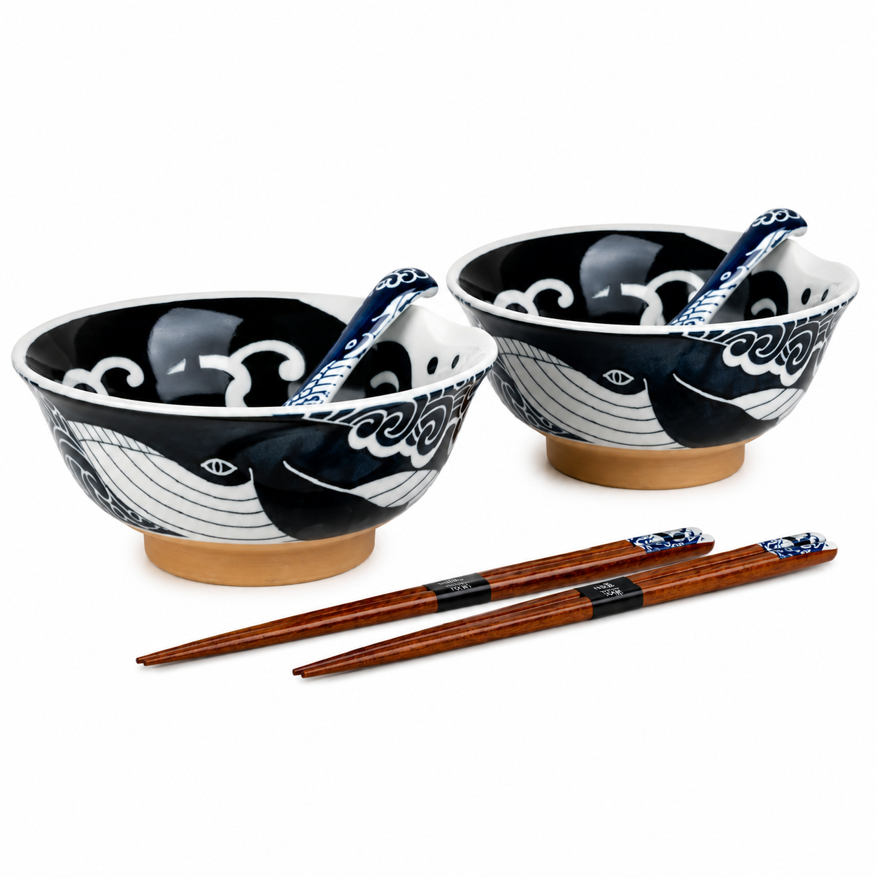Japanese whale ramen bowl set with indigo blue porcelain bowls and matching whale detail chopsticks and spoon made in Japan