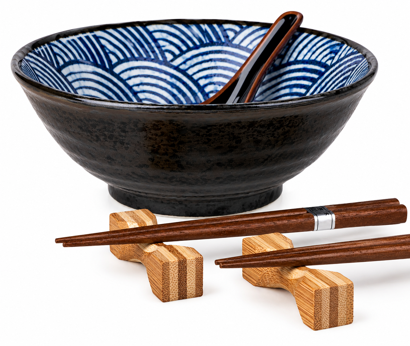 Japanese Traditional Seikaiha ramen noodle bowl set with blue sea wave design and ceramic spoon made in Japan