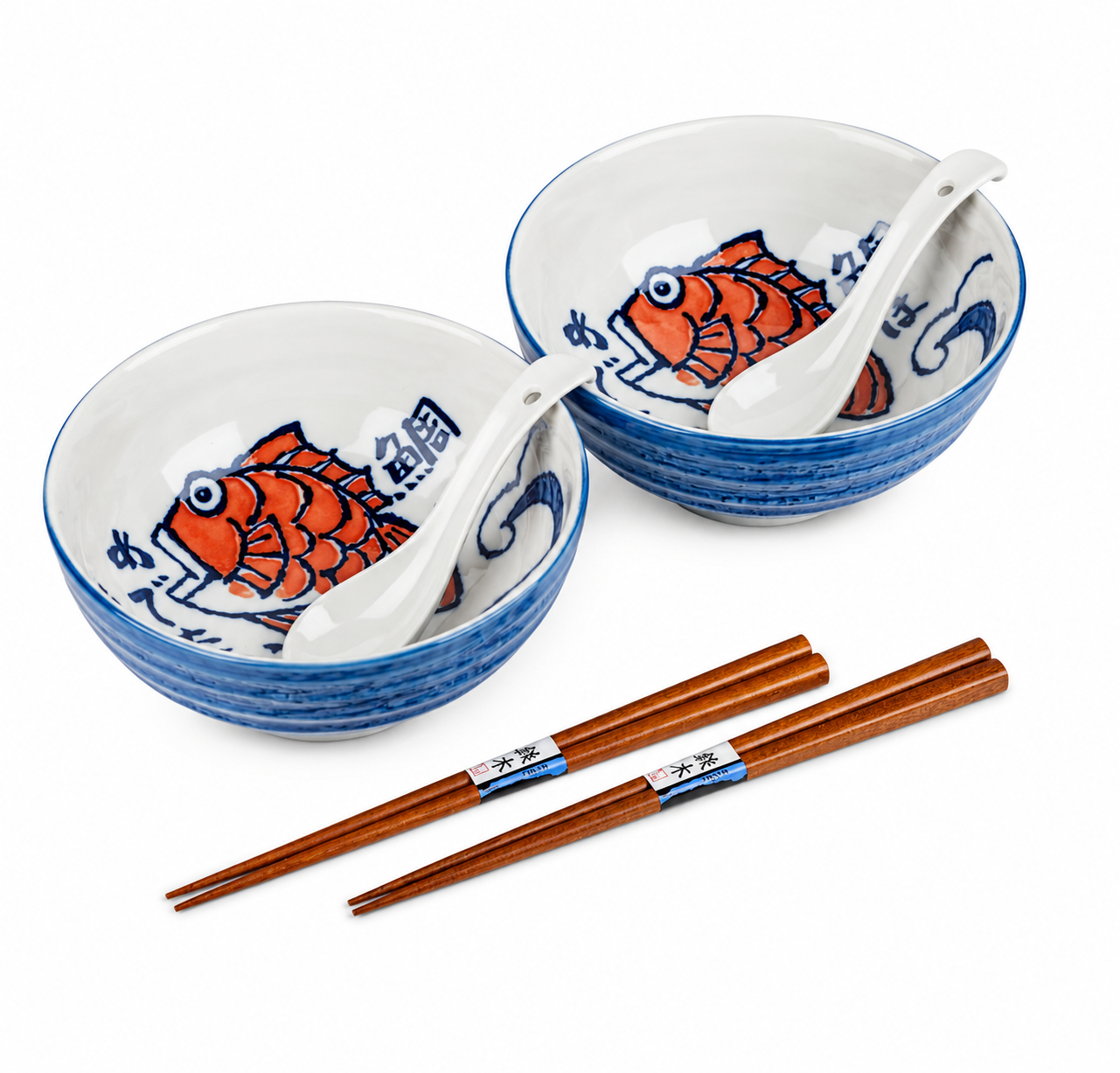 Red Fish Japanese ramen noodle bowl gift Set made in Japan with indigo blue bowls, red fish design, ceramic spoons, and wooden chopsticks.