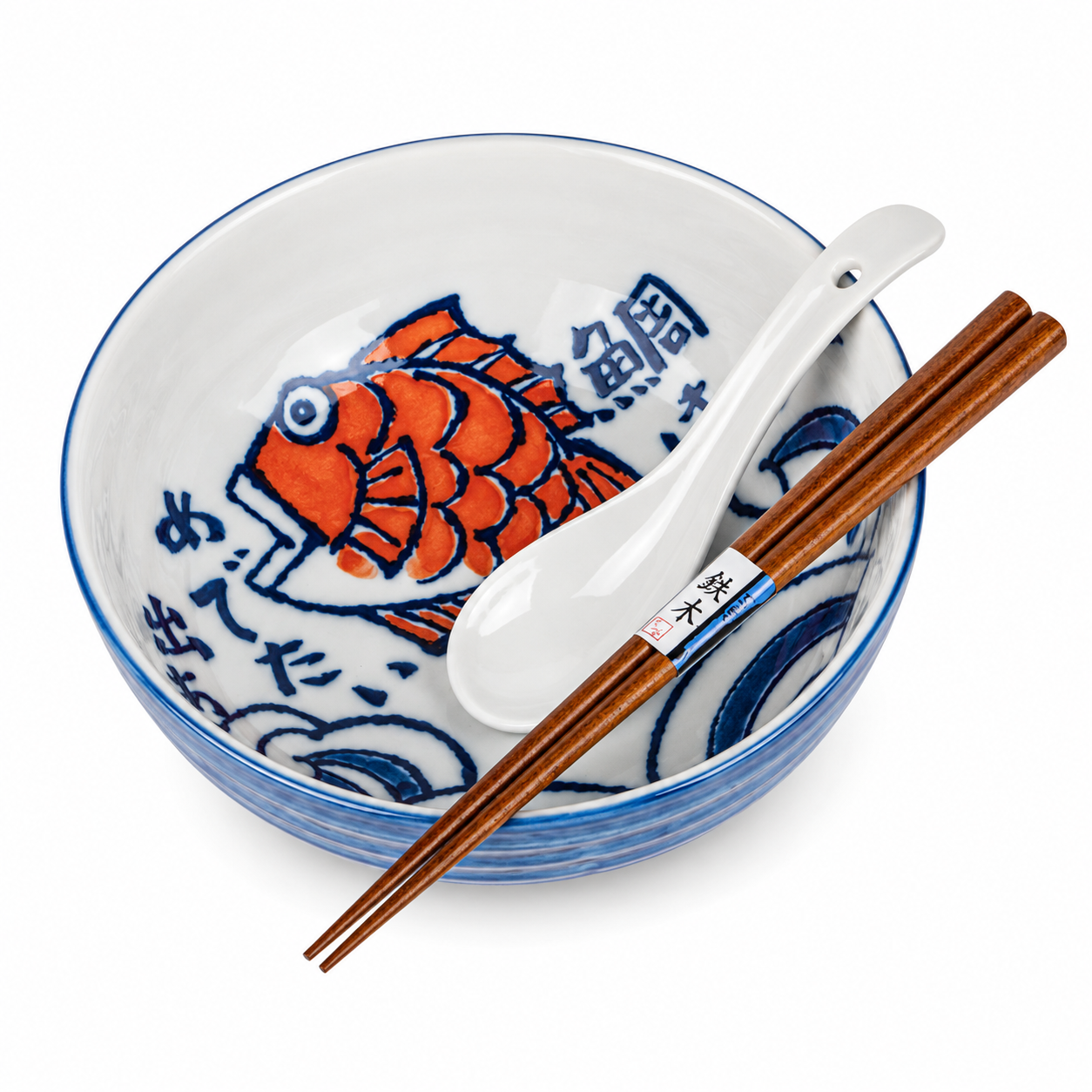 Authentic Japanese ramen bowl gift set with Red Sea bream fish motif and blue ceramic bowls made in Japan