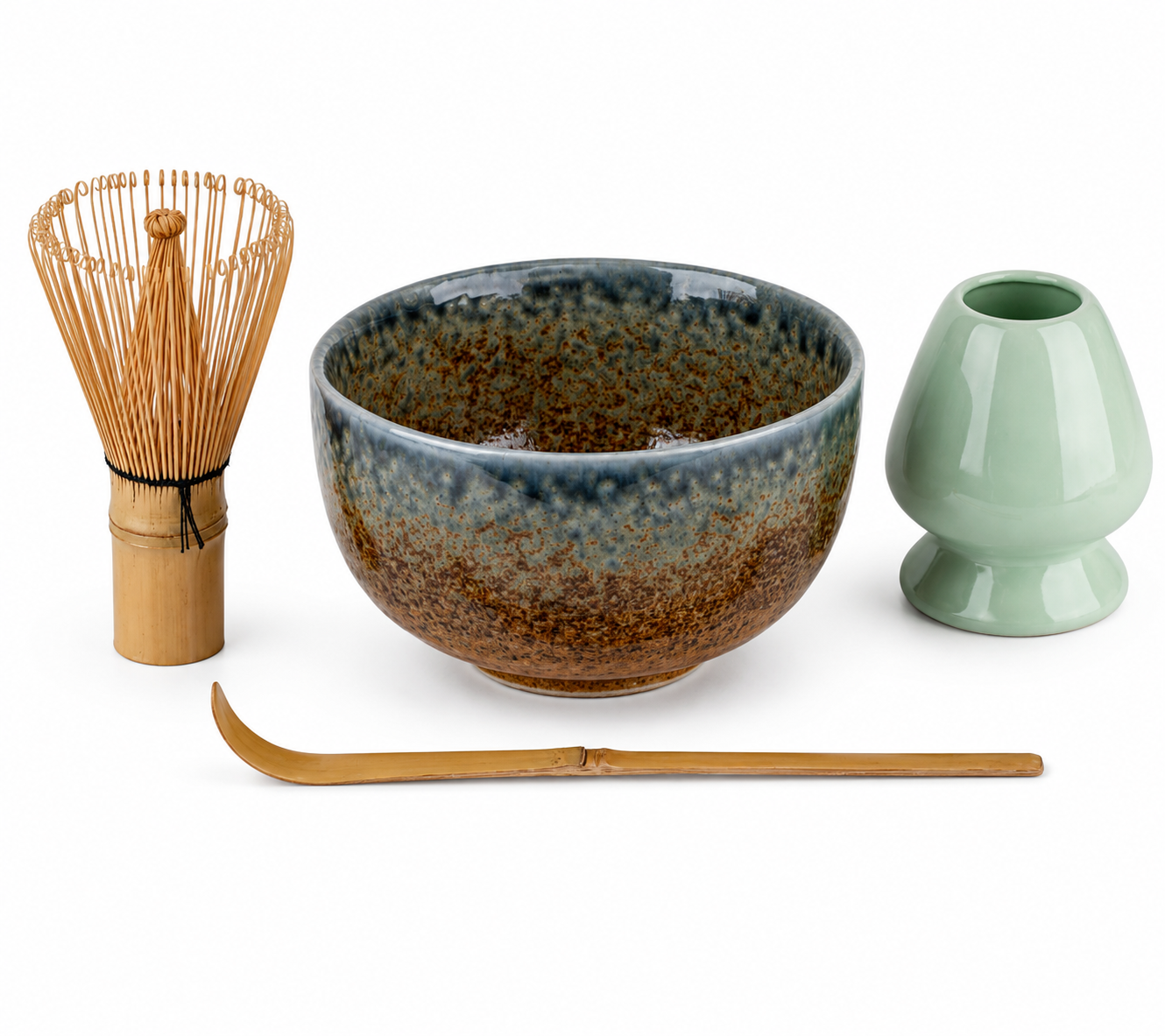 Authentic Japanese Aki matcha tea set with rustic speckle ceramic bowl and traditional bamboo tea accessories