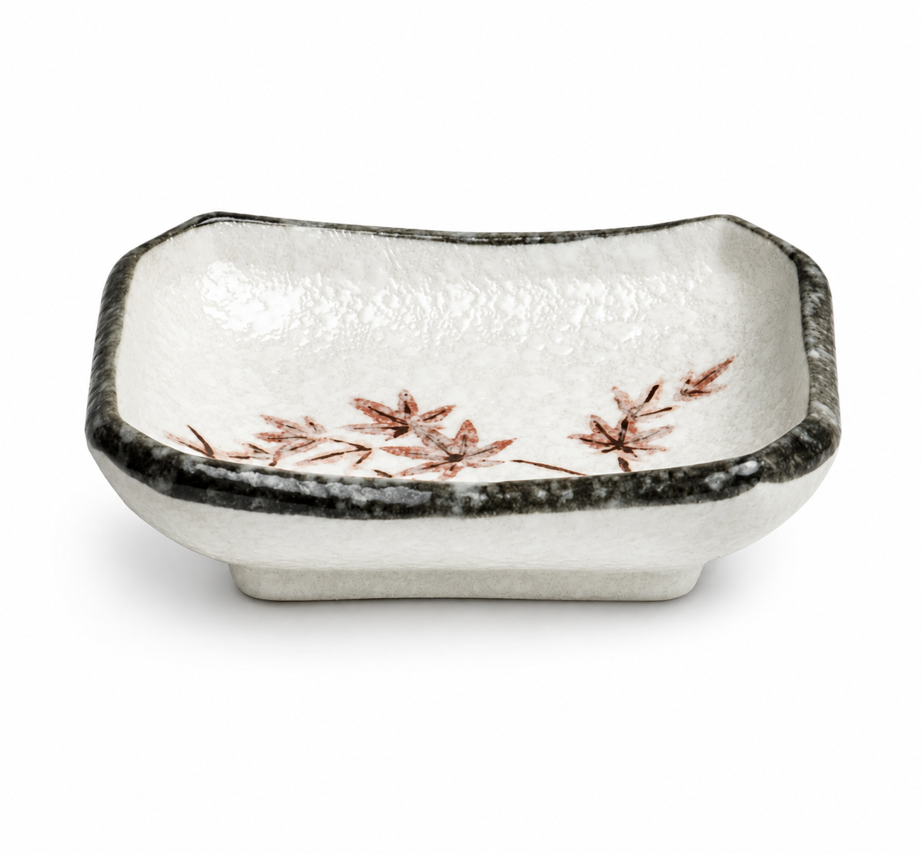 Japanese soy sauce dish with maple leaf design and dark grey rim, made in Japan.