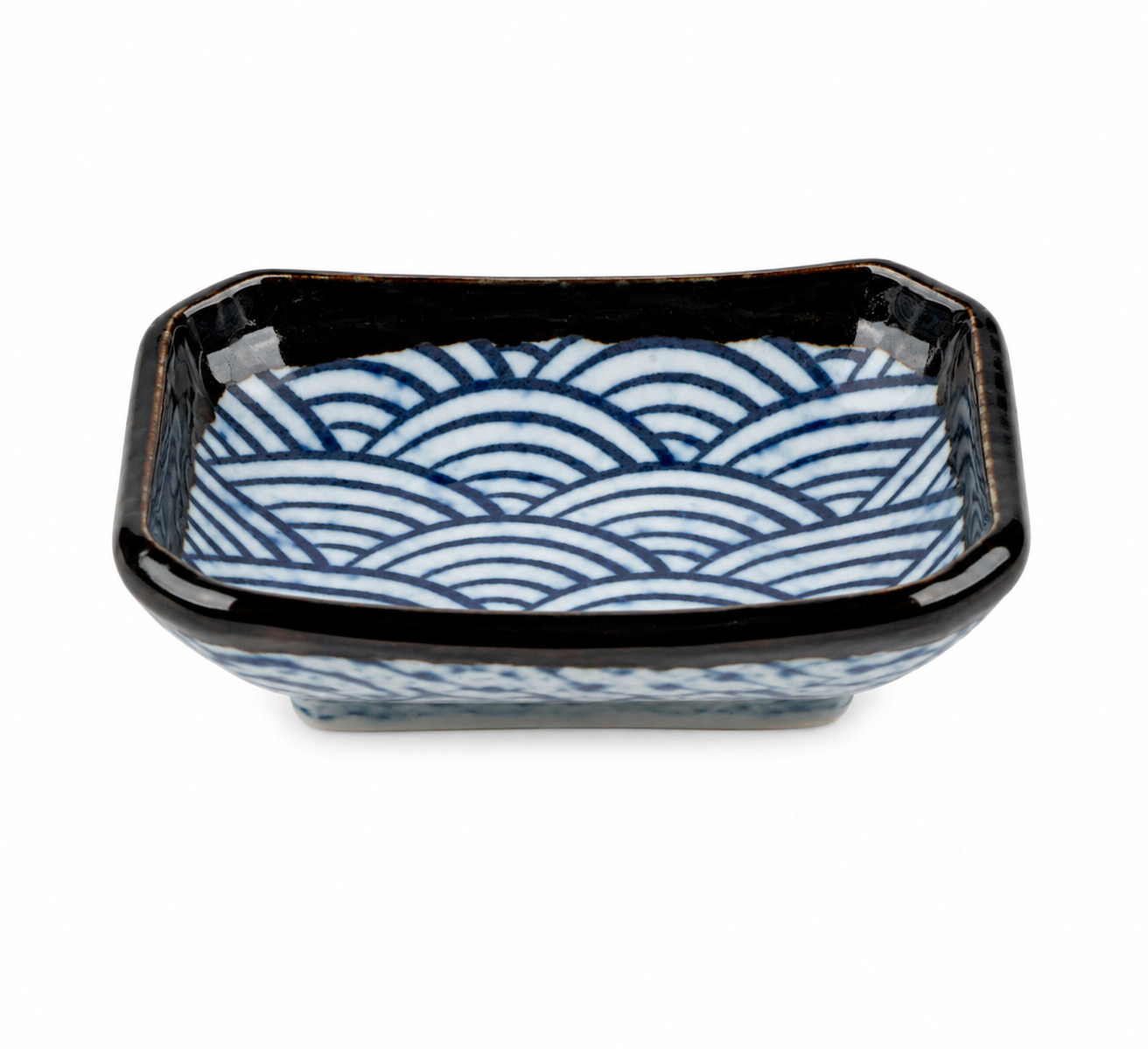 Seikaiha Japanese sauce dish with indigo blue wave pattern and brown edging, made in Japan.