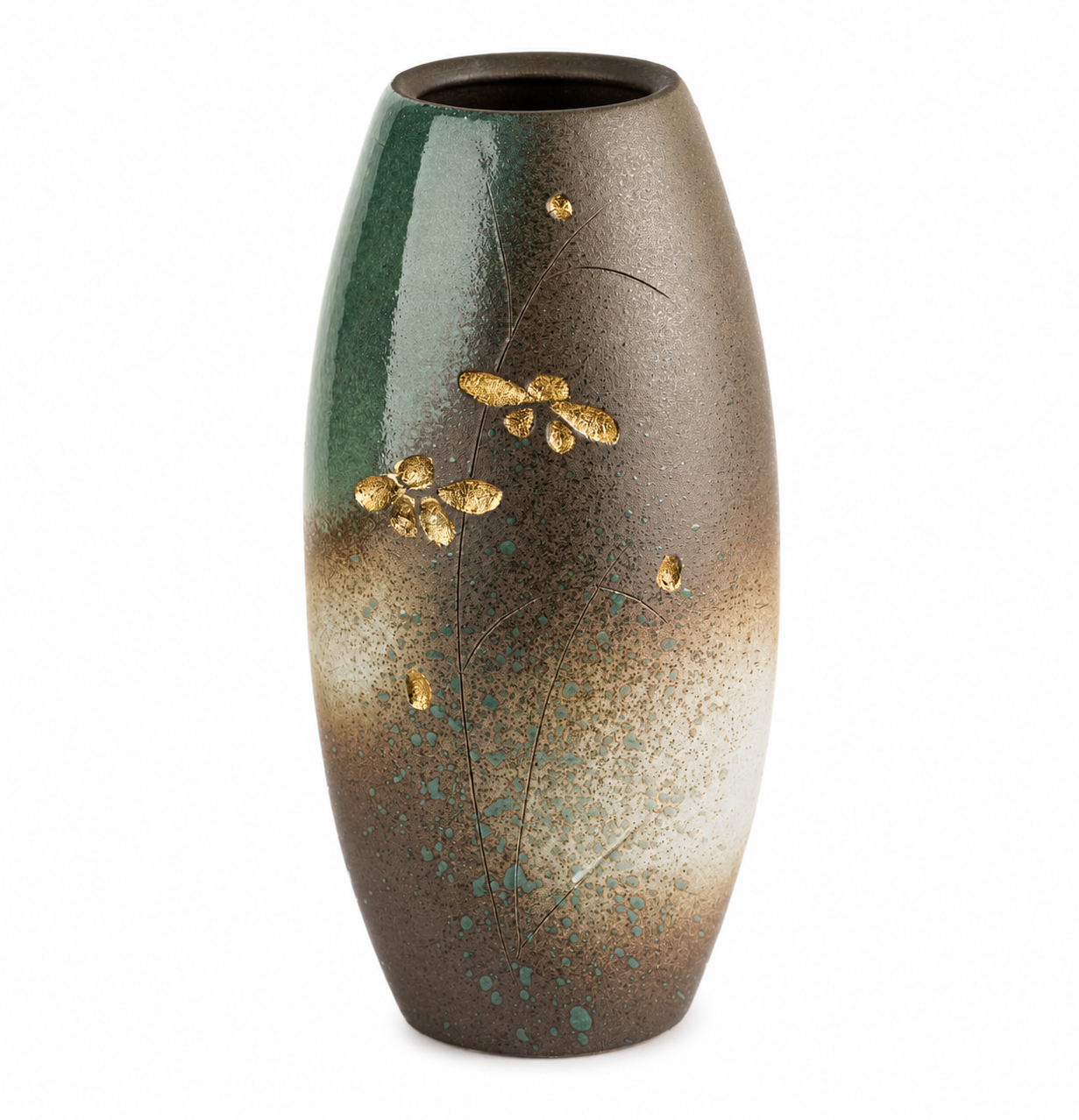 Authentic Kusabana Japanese ceramic vase handmade in Japan with gold floral detailing, moss green glaze, and rustic textured pottery finish.