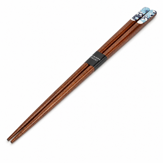 Authentic Blue Peony Japanese chopsticks made in Japan featuring an indigo blue and white peony design on premium wooden chopsticks.