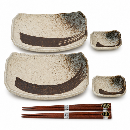 Authentic Shino Sabi Japanese sushi plate gift set made in Japan featuring ceramic sushi plates, sauce dishes, wooden chopsticks and gift box.