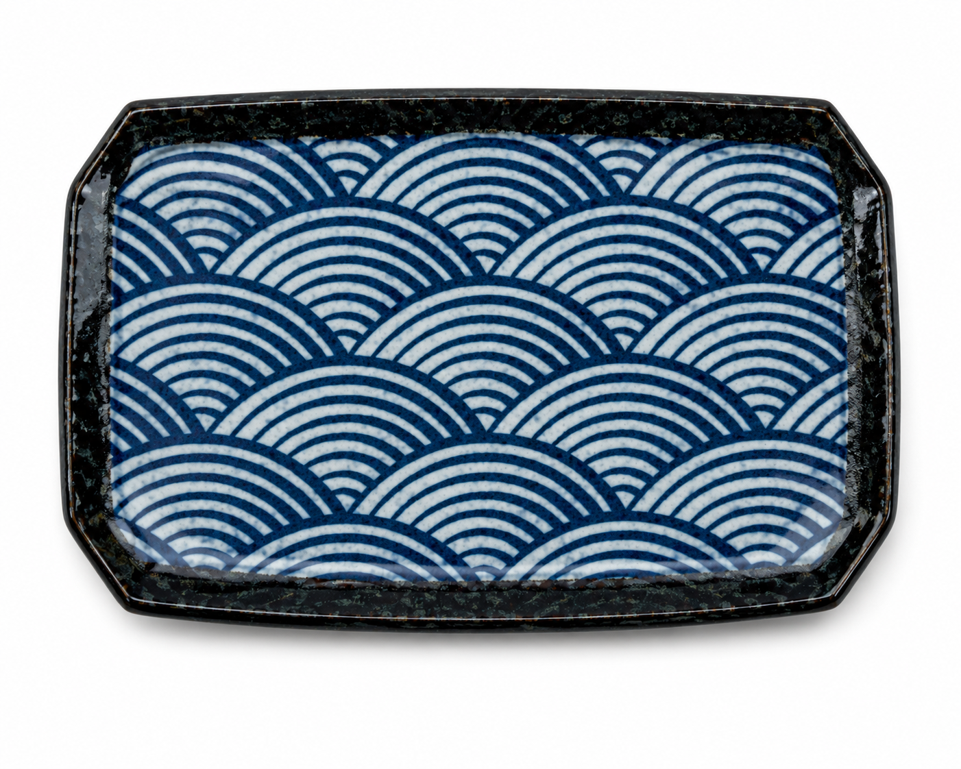 Authentic Japanese ceramic sushi plate featuring a traditional Seikaiha wave pattern indigo blue and white, handcrafted in Japan for serving sushi, sashimi, and appetisers.