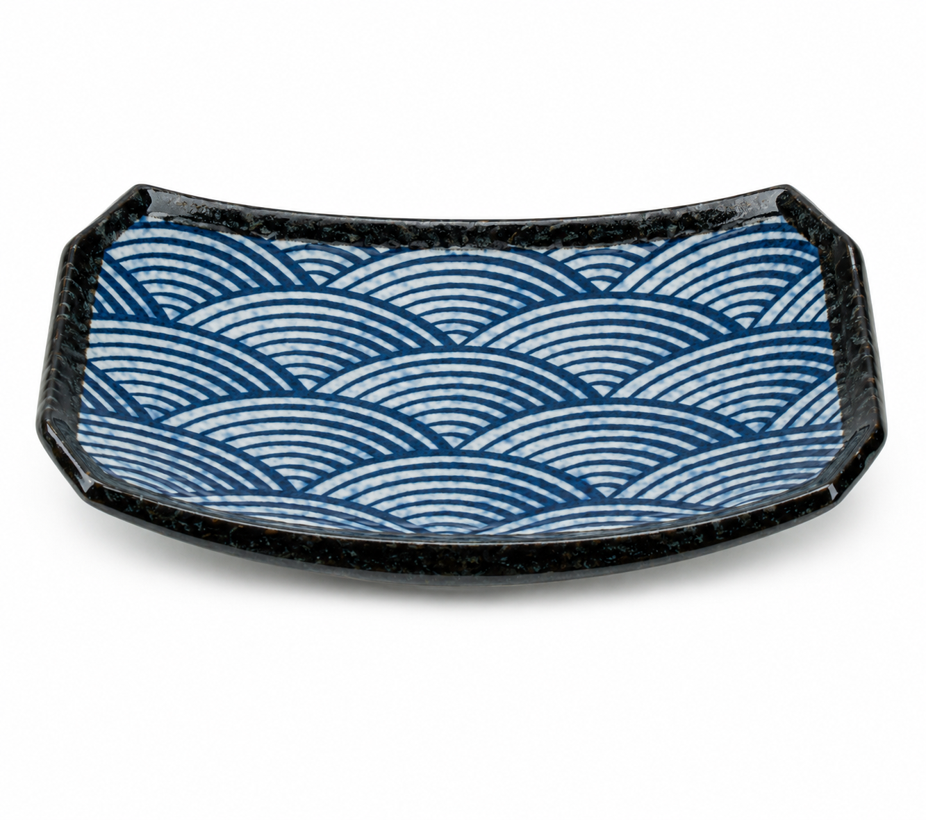 Authentic Seikaiha Japanese sushi plate made in Japan with indigo blue and white wave pattern and elegant brown edging