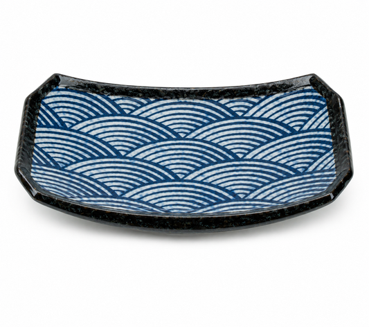 Authentic Seikaiha Japanese sushi plate made in Japan with indigo blue and white wave pattern and elegant brown edging