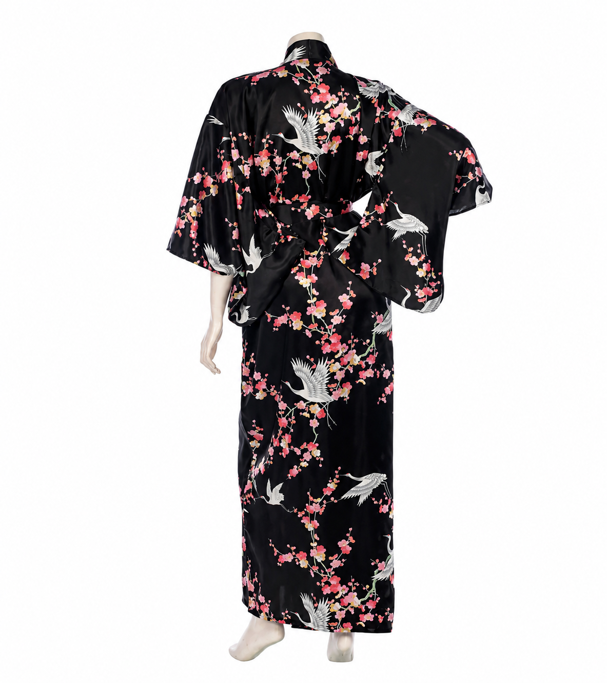 Black Crane and Pink Blossom Long Japanese Silk Kimono | Made in Japan